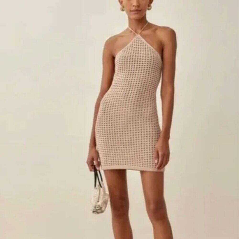 Reformation Martel Open Knit Halter Mini Dress in Sand
